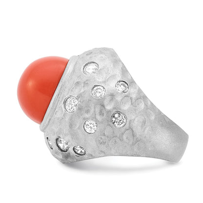 Sterling Silver Cheyl M Satin Simulated Red Coral & Cz Ring