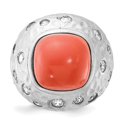 Sterling Silver Cheyl M Satin Simulated Red Coral & Cz Ring