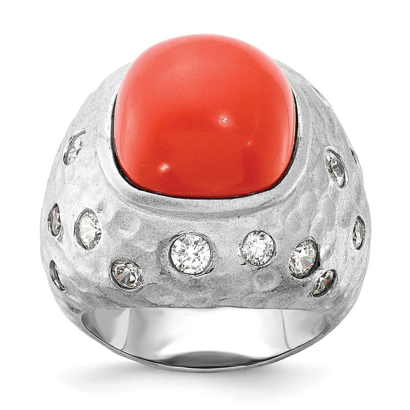 Sterling Silver Cheyl M Satin Simulated Red Coral & Cz Ring