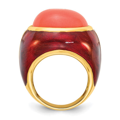 Sterling Silver Gold-Plated Brown Enamel Sim. Red Coral & Cz Ring
