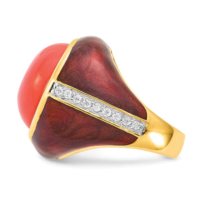 Sterling Silver Gold-Plated Brown Enamel Sim. Red Coral & Cz Ring