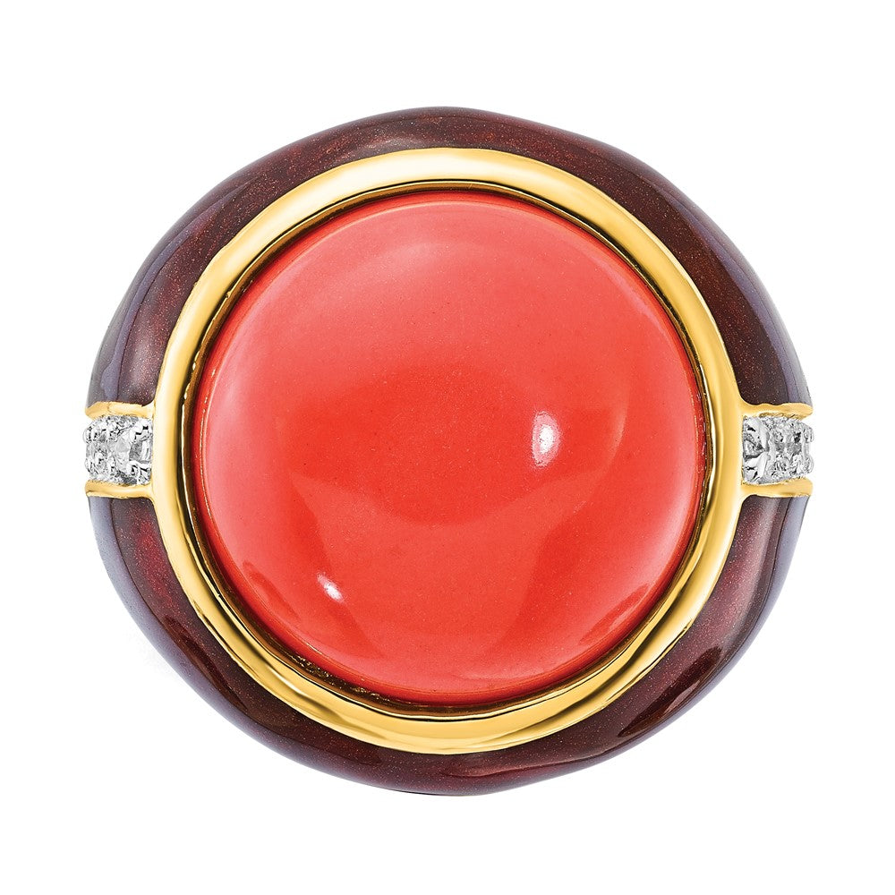 Sterling Silver Gold-Plated Brown Enamel Sim. Red Coral & Cz Ring