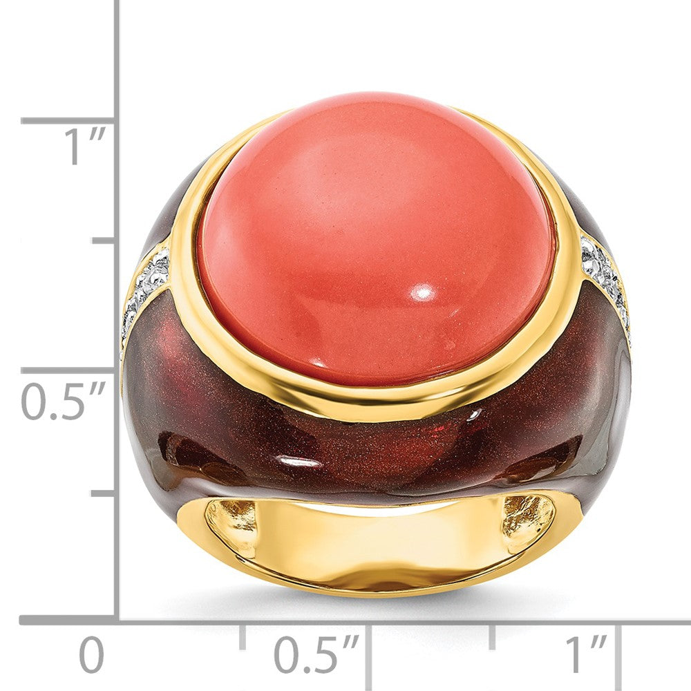 Sterling Silver Gold-Plated Brown Enamel Sim. Red Coral & Cz Ring