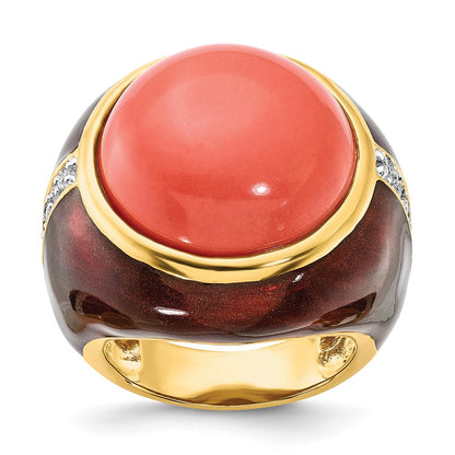 Sterling Silver Gold-Plated Brown Enamel Sim. Red Coral & Cz Ring