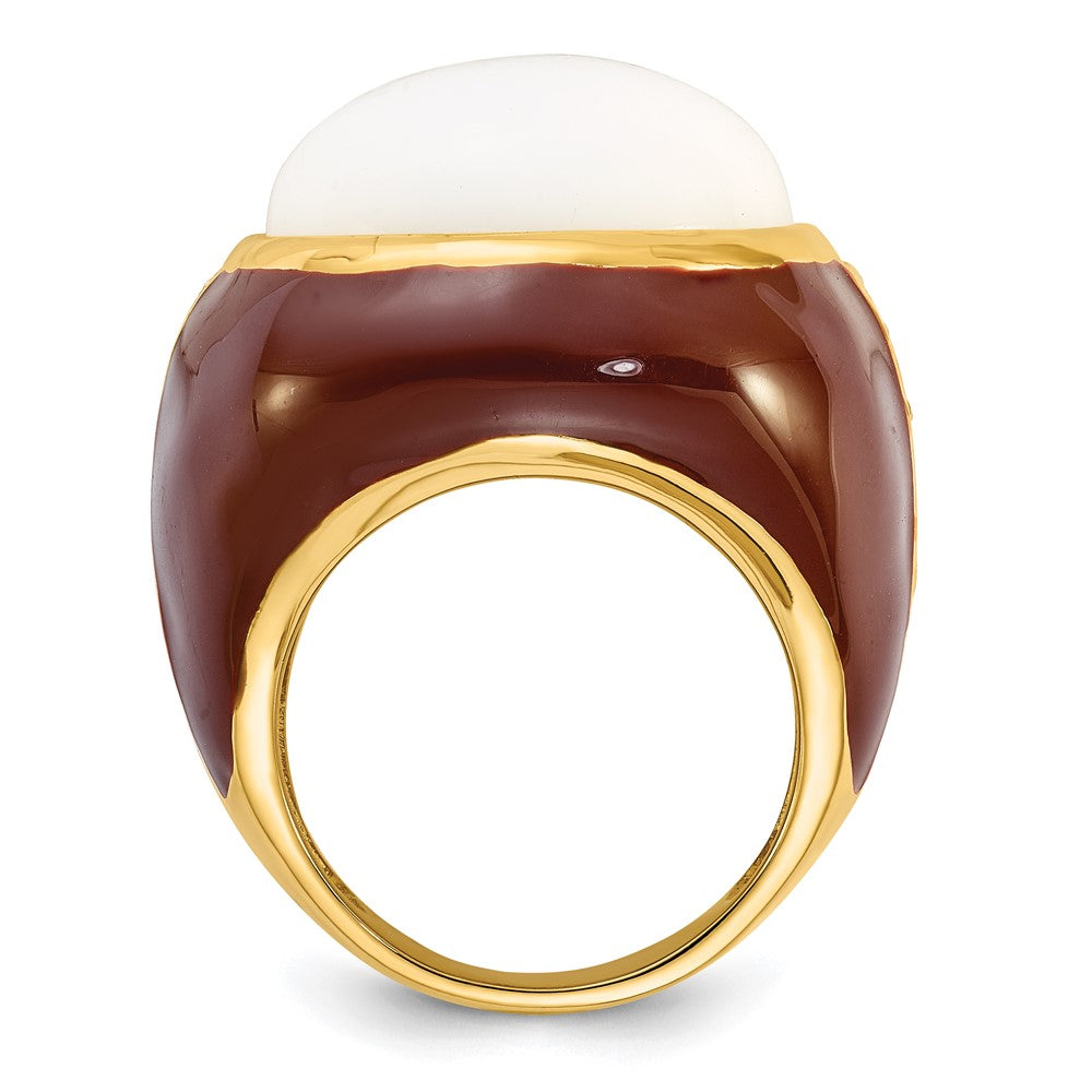 Sterling Silver Gold-Plated Brown Enamel Simulated White Agate & Cz Ring