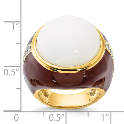Sterling Silver Gold-Plated Brown Enamel Simulated White Agate & Cz Ring