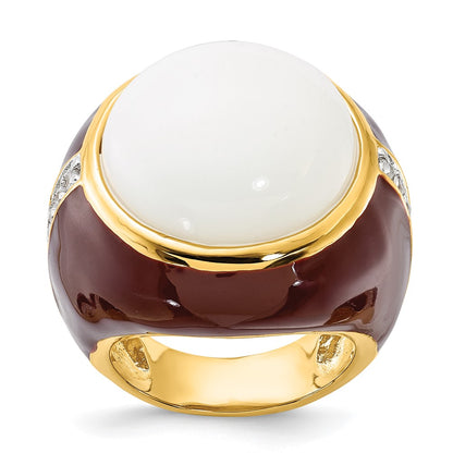 Sterling Silver Gold-Plated Brown Enamel Simulated White Agate & Cz Ring