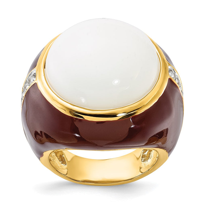 Sterling Silver Gold-Plated Brown Enamel Simulated White Agate & Cz Ring