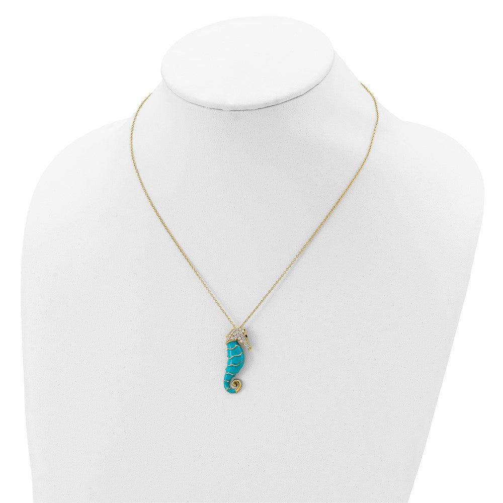 Sterling Silver Cheryl M Gold-Plated Enameled Brilliant-Cut Black And White Cz Seahorse 18 Inch Necklace