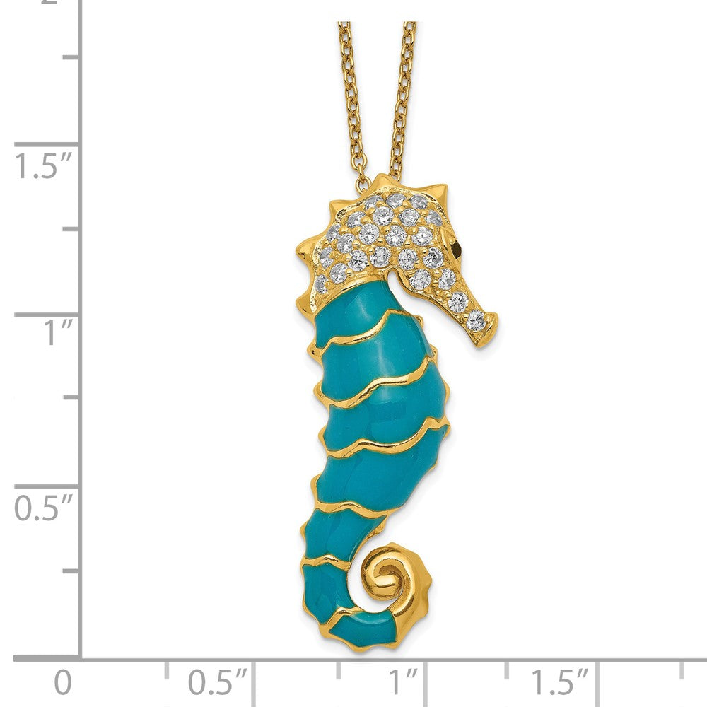 Sterling Silver Cheryl M Gold-Plated Enameled Brilliant-Cut Black And White Cz Seahorse 18 Inch Necklace