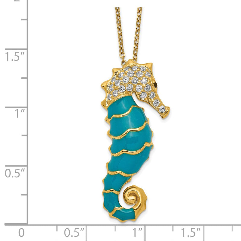 Sterling Silver Cheryl M Gold-Plated Enameled Brilliant-Cut Black And White Cz Seahorse 18 Inch Necklace