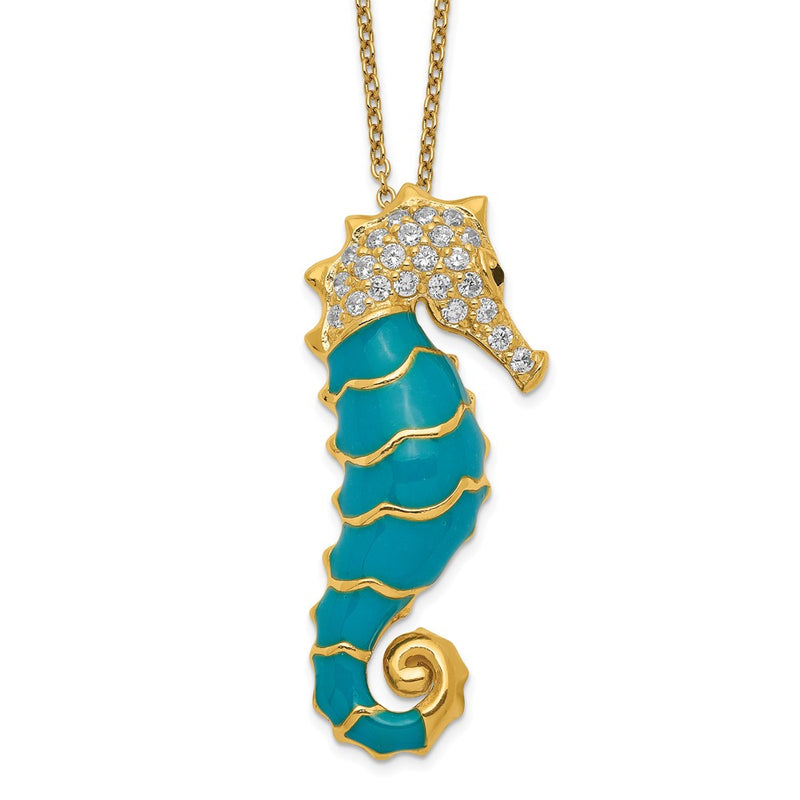 Sterling Silver Cheryl M Gold-Plated Enameled Brilliant-Cut Black And White Cz Seahorse 18 Inch Necklace