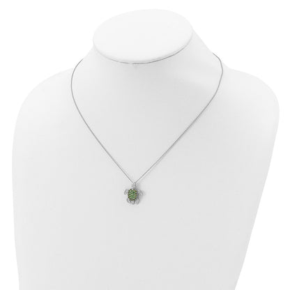 Sterling Silver Cheryl M Rhodium-Plated Brilliant-Cut Green Glass And White Cz Turtle 18 Inch Necklace