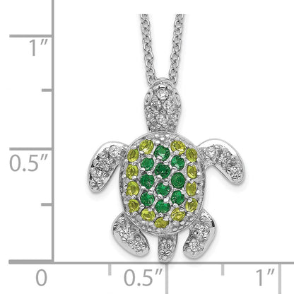 Sterling Silver Cheryl M Rhodium-Plated Brilliant-Cut Green Glass And White Cz Turtle 18 Inch Necklace