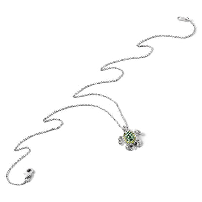 Sterling Silver Cheryl M Rhodium-Plated Brilliant-Cut Green Glass And White Cz Turtle 18 Inch Necklace