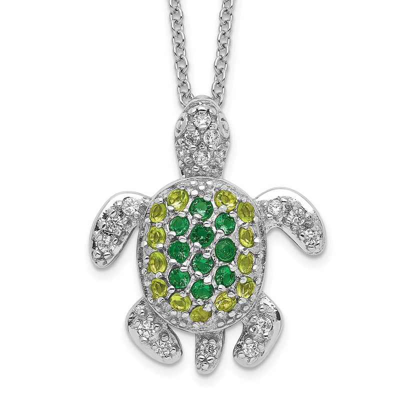 Sterling Silver Cheryl M Rhodium-Plated Brilliant-Cut Green Glass And White Cz Turtle 18 Inch Necklace