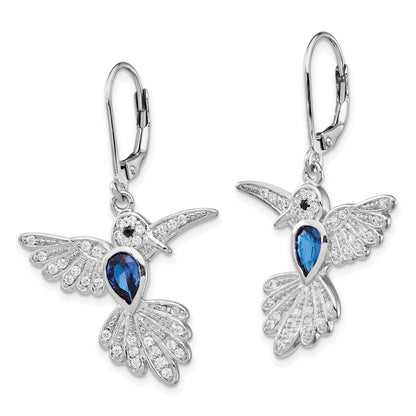 Sterling Silver Cheryl M Rhodium-Plated Brilliant-Cut Lab Created Dark Blue Spinel And White Cz Hummingbird Leverback Dangle Earrings