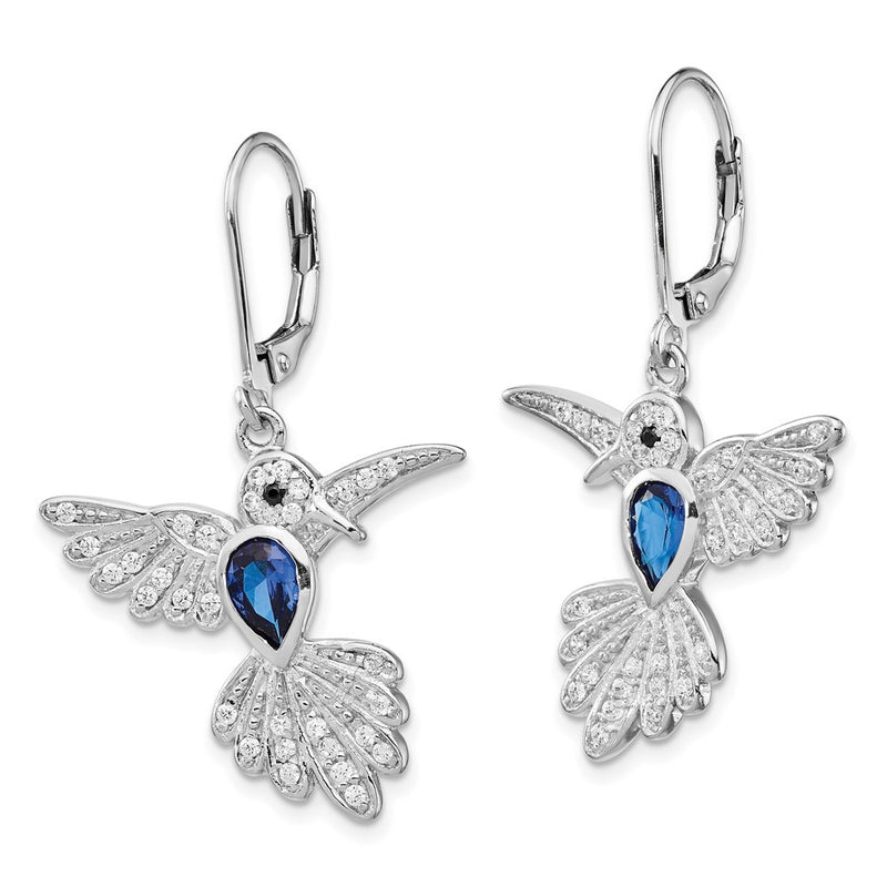 Sterling Silver Cheryl M Rhodium-Plated Brilliant-Cut Lab Created Dark Blue Spinel And White Cz Hummingbird Leverback Dangle Earrings