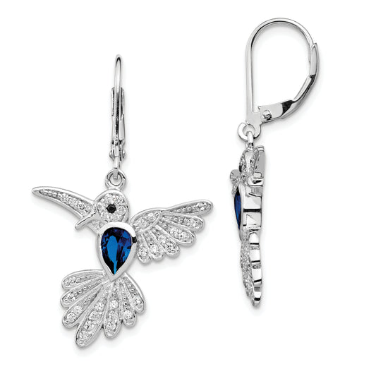 Sterling Silver Cheryl M Rhodium-Plated Brilliant-Cut Lab Created Dark Blue Spinel And White Cz Hummingbird Leverback Dangle Earrings