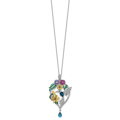 Sterling Silver Cheryl M Rhodium-Plated Enameled Multicolor Brilliant-Cut Glass And Cz Floral Hummingbird 18 Inch Necklace