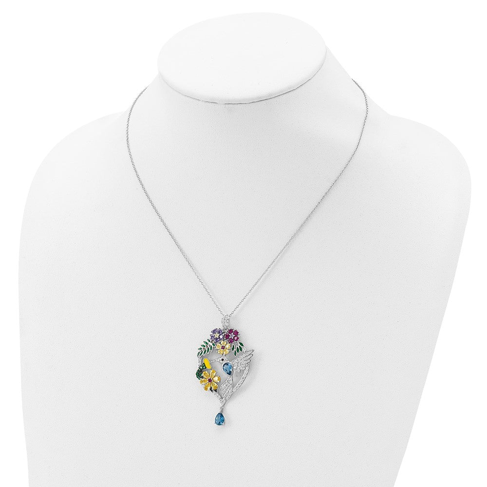 Sterling Silver Cheryl M Rhodium-Plated Enameled Multicolor Brilliant-Cut Glass And Cz Floral Hummingbird 18 Inch Necklace