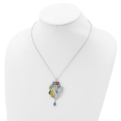 Sterling Silver Cheryl M Rhodium-Plated Enameled Multicolor Brilliant-Cut Glass And Cz Floral Hummingbird 18 Inch Necklace