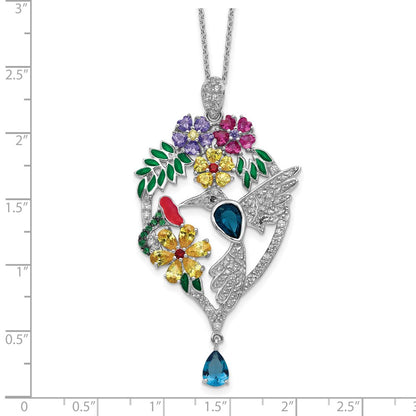 Sterling Silver Cheryl M Rhodium-Plated Enameled Multicolor Brilliant-Cut Glass And Cz Floral Hummingbird 18 Inch Necklace