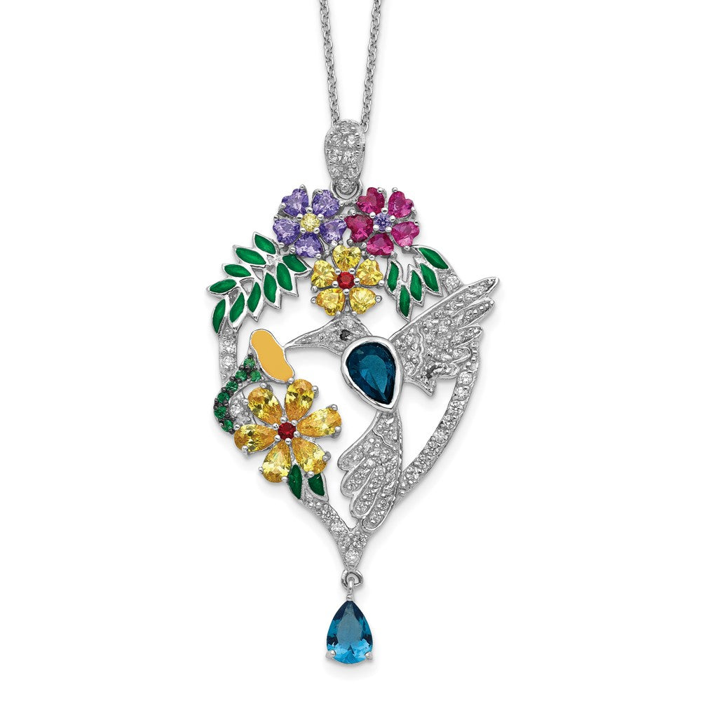 Sterling Silver Cheryl M Rhodium-Plated Enameled Multicolor Brilliant-Cut Glass And Cz Floral Hummingbird 18 Inch Necklace