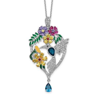 Sterling Silver Cheryl M Rhodium-Plated Enameled Multicolor Brilliant-Cut Glass And Cz Floral Hummingbird 18 Inch Necklace
