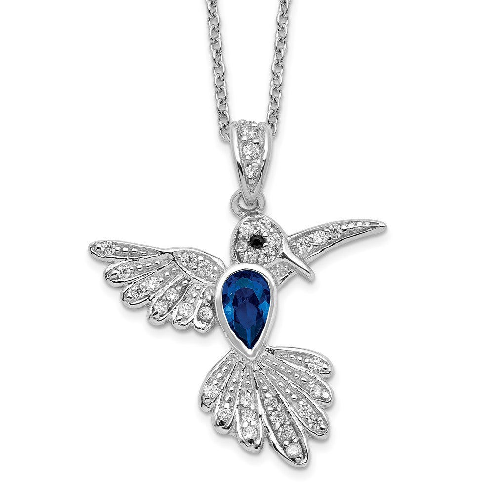 Sterling Silver Cheryl M Rhodium-Plated Brilliant-Cut Lab Created Dark Blue Spinel And White Cz Hummingbird 18 Inch Necklace
