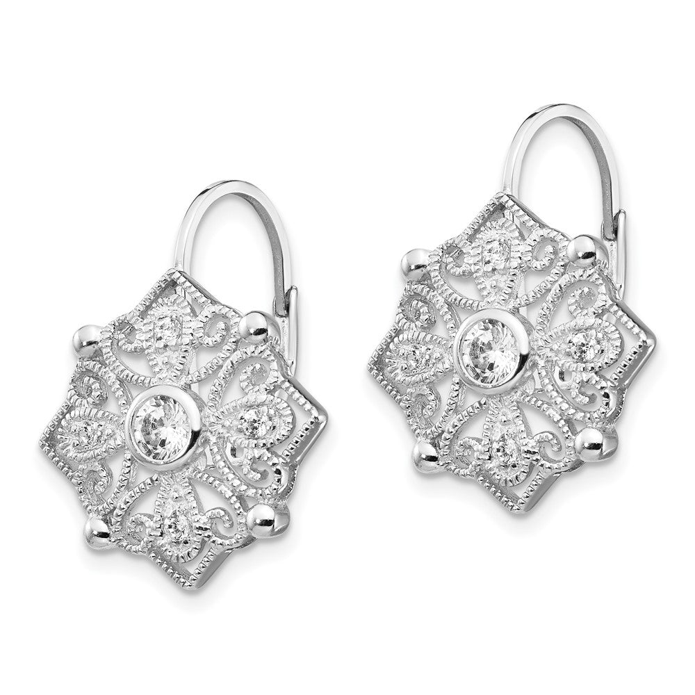 Sterling Silver Cheryl M Rhodium-Plated Fancy Brilliant-Cut Cz Leverback Earrings