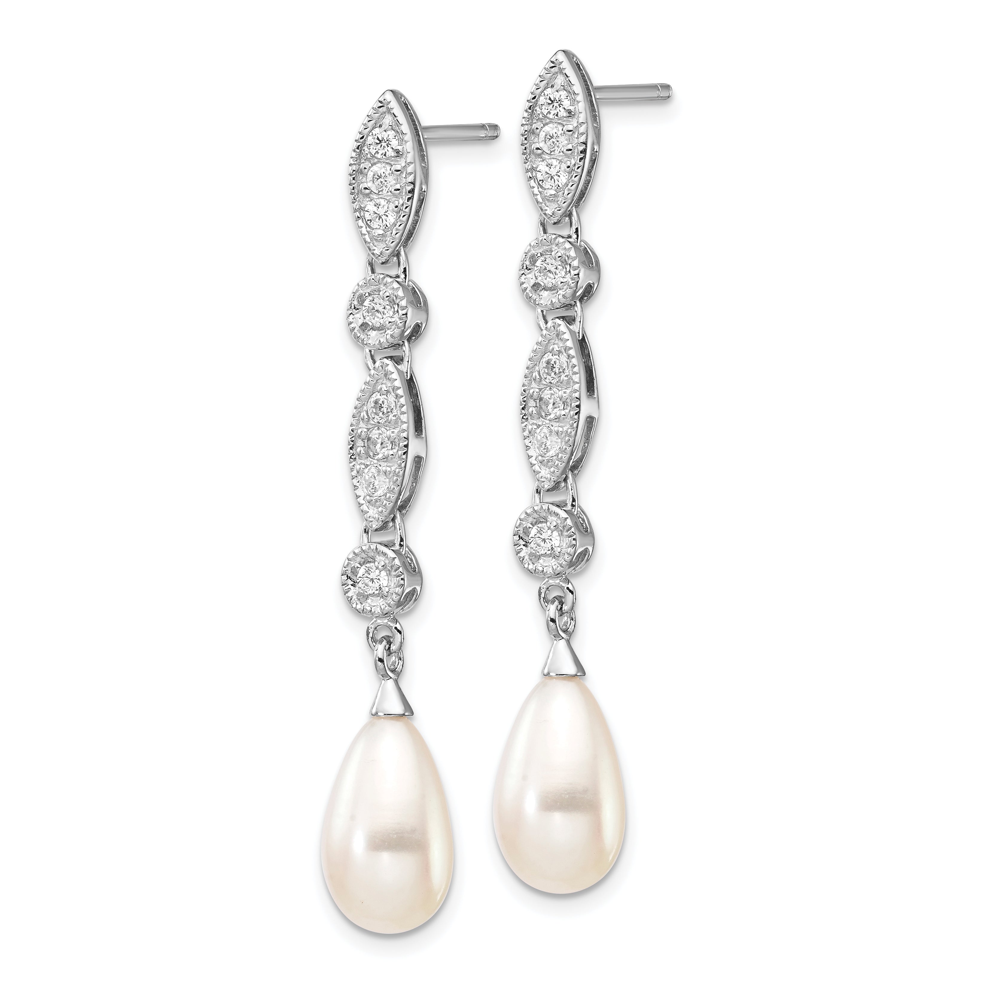 Sterling Silver Cheryl M Rhodium-Plated Teardrop Freshwater Cultured Pearl And Brilliant-Cut Cz Post Dangle Earrings