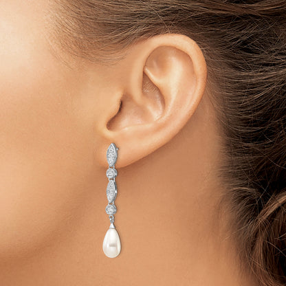 Sterling Silver Cheryl M Rhodium-Plated Teardrop Freshwater Cultured Pearl And Brilliant-Cut Cz Post Dangle Earrings