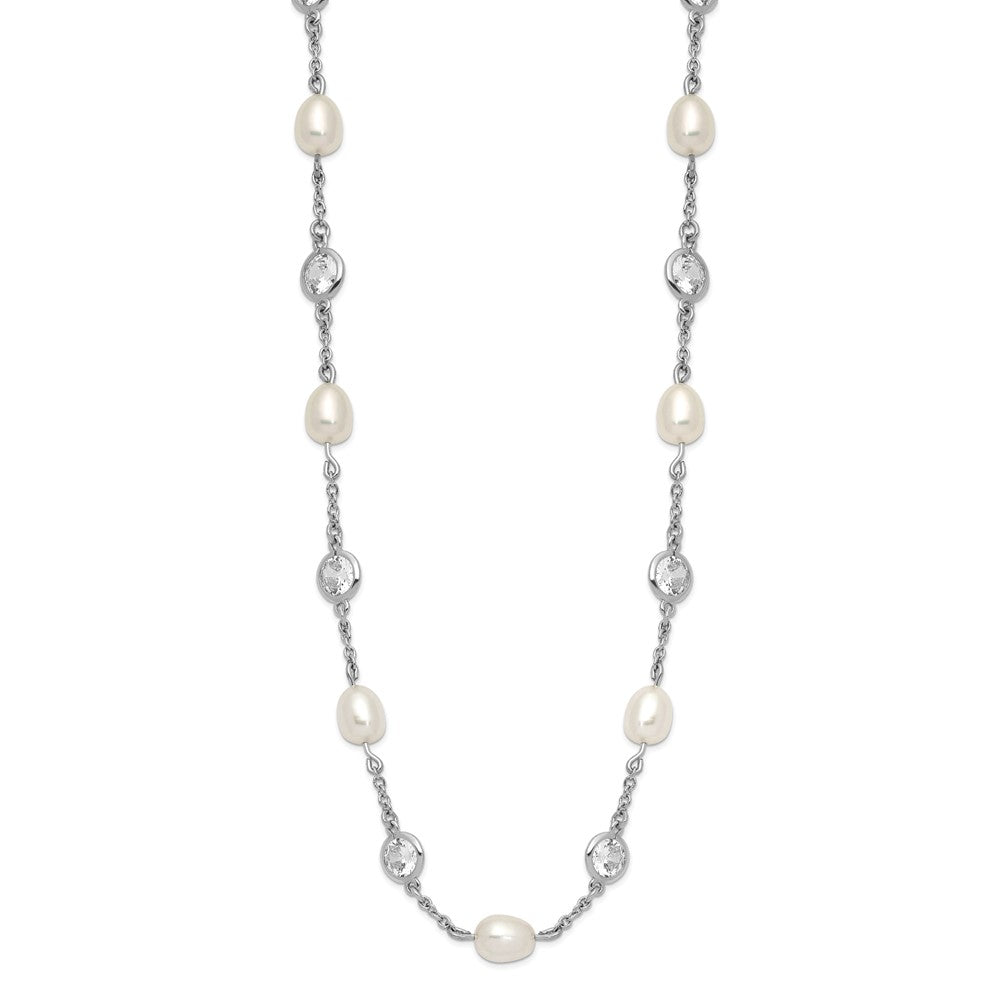 Sterling Silver Cheryl M Rhodium-Plated Freshwater Cultured Pearl And Brilliant-Cut Cz Bezel Station 36 Inch Necklace