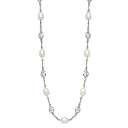 Sterling Silver Cheryl M Rhodium-Plated Freshwater Cultured Pearl And Brilliant-Cut Cz Bezel Station 36 Inch Necklace