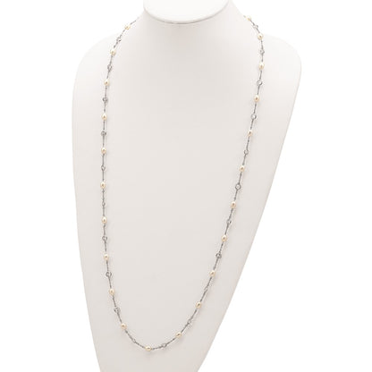 Sterling Silver Cheryl M Rhodium-Plated Freshwater Cultured Pearl And Brilliant-Cut Cz Bezel Station 36 Inch Necklace