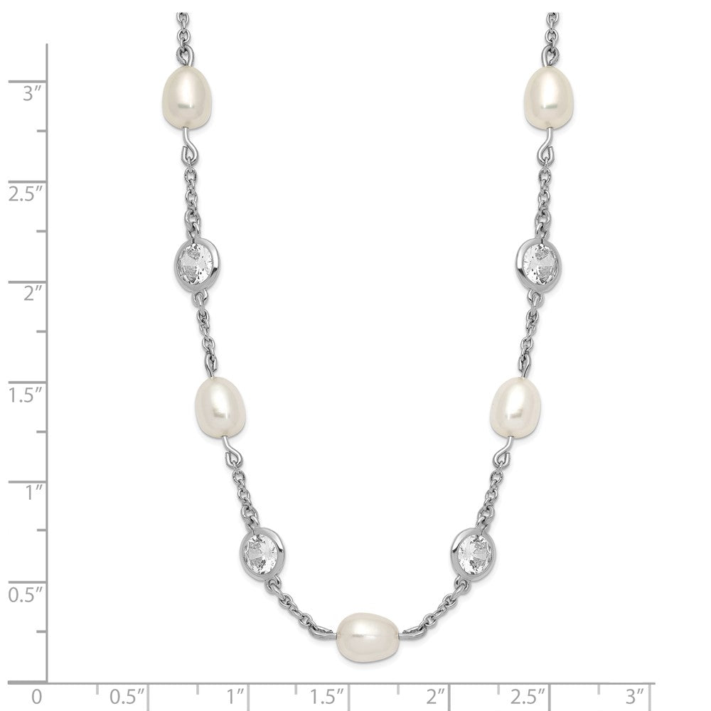 Sterling Silver Cheryl M Rhodium-Plated Freshwater Cultured Pearl And Brilliant-Cut Cz Bezel Station 36 Inch Necklace