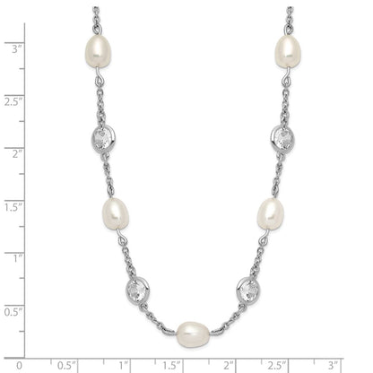 Sterling Silver Cheryl M Rhodium-Plated Freshwater Cultured Pearl And Brilliant-Cut Cz Bezel Station 36 Inch Necklace