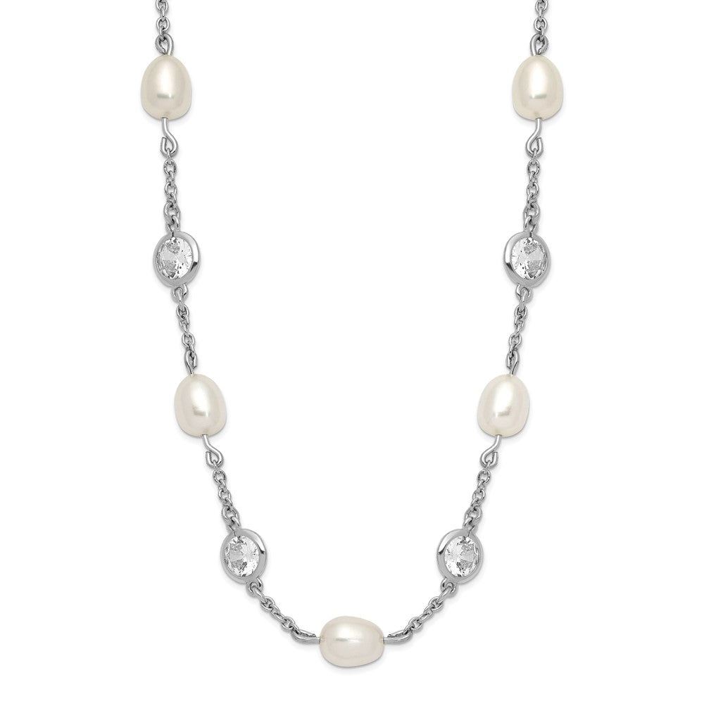 Sterling Silver Cheryl M Rhodium-Plated Freshwater Cultured Pearl And Brilliant-Cut Cz Bezel Station 36 Inch Necklace
