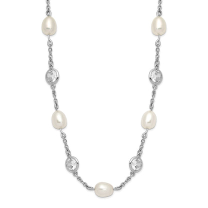 Sterling Silver Cheryl M Rhodium-Plated Freshwater Cultured Pearl And Brilliant-Cut Cz Bezel Station 36 Inch Necklace