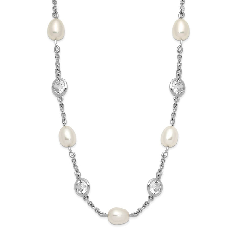Sterling Silver Cheryl M Rhodium-Plated Freshwater Cultured Pearl And Brilliant-Cut Cz Bezel Station 36 Inch Necklace