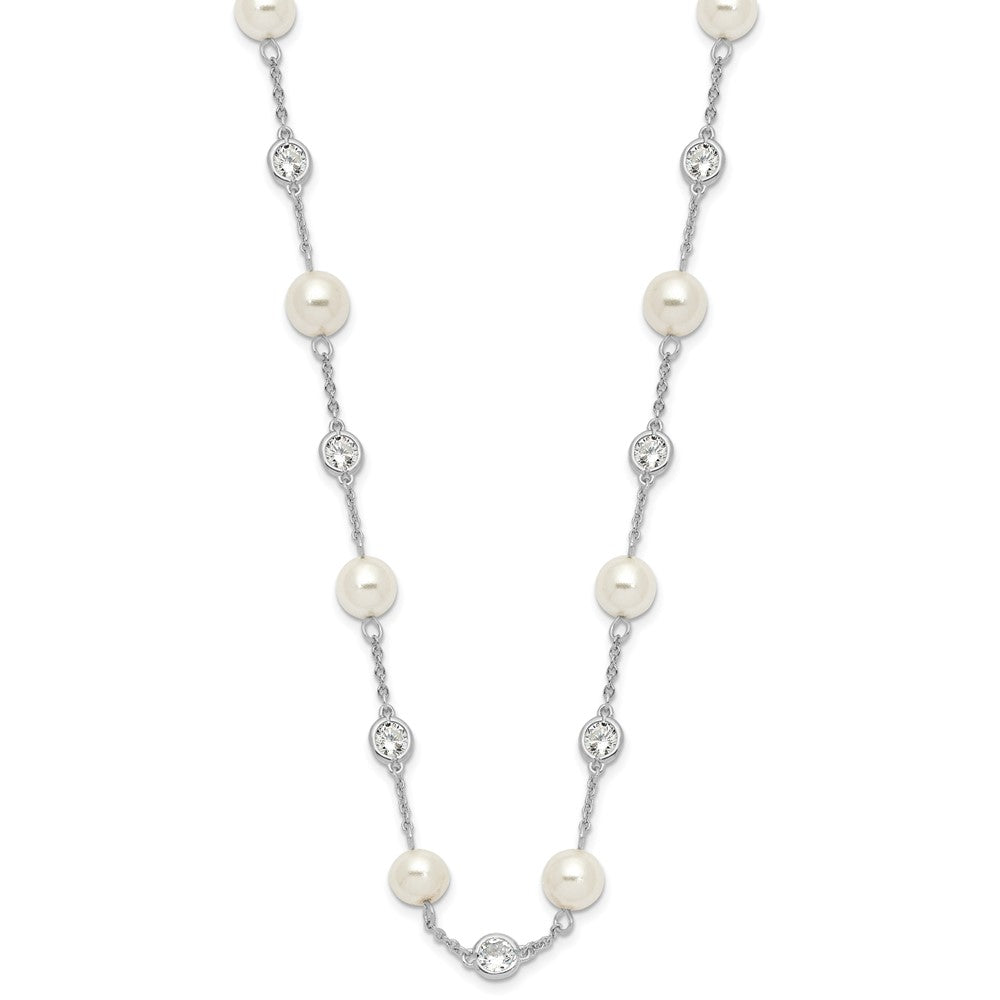 Sterling Silver Cheryl M Rhodium-Plated Glass Pearl And Brilliant-Cut Cz Bezel Station 36 Inch Necklace
