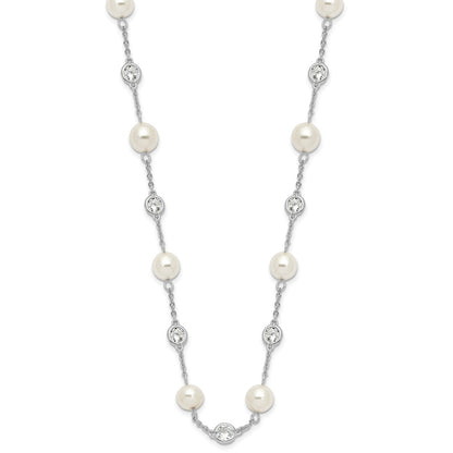 Sterling Silver Cheryl M Rhodium-Plated Glass Pearl And Brilliant-Cut Cz Bezel Station 36 Inch Necklace
