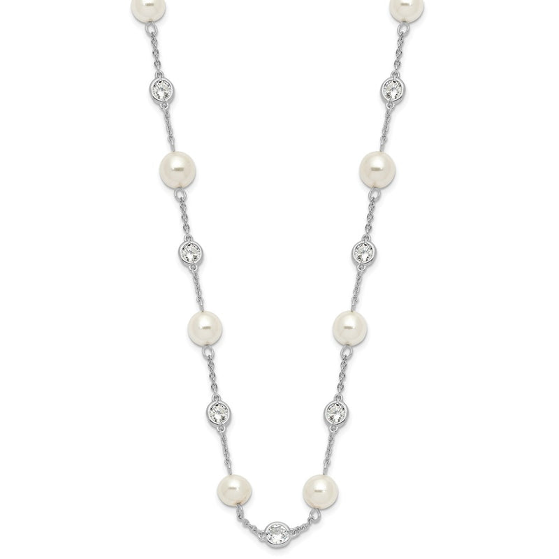 Sterling Silver Cheryl M Rhodium-Plated Glass Pearl And Brilliant-Cut Cz Bezel Station 36 Inch Necklace