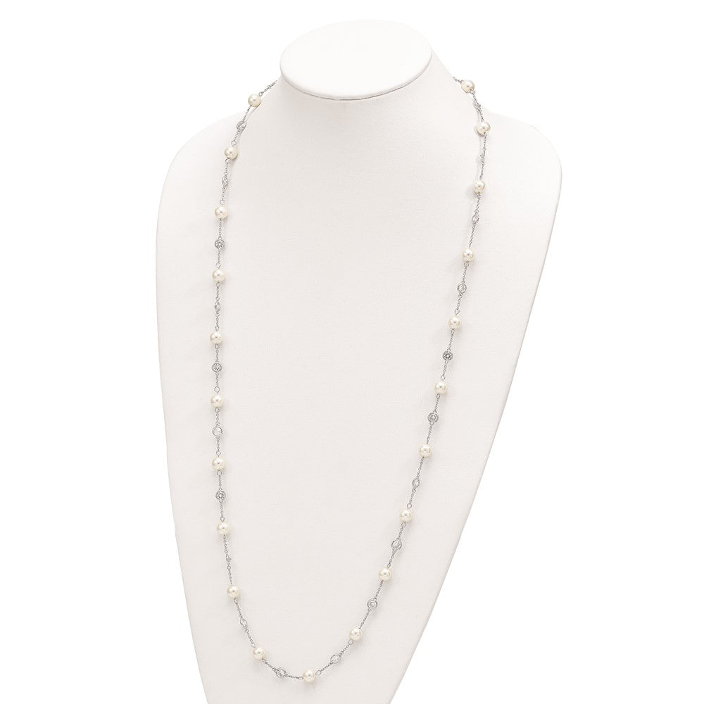 Sterling Silver Cheryl M Rhodium-Plated Glass Pearl And Brilliant-Cut Cz Bezel Station 36 Inch Necklace