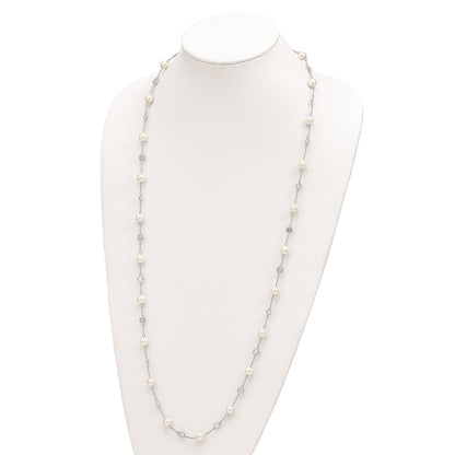 Sterling Silver Cheryl M Rhodium-Plated Glass Pearl And Brilliant-Cut Cz Bezel Station 36 Inch Necklace