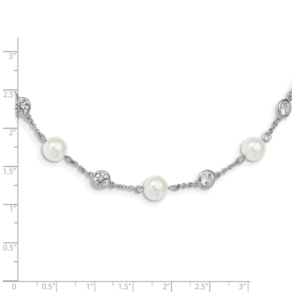 Sterling Silver Cheryl M Rhodium-Plated Glass Pearl And Brilliant-Cut Cz Bezel Station 36 Inch Necklace
