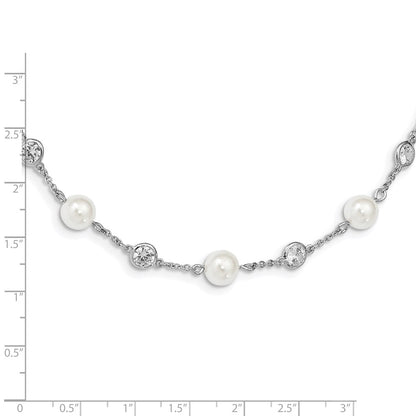 Sterling Silver Cheryl M Rhodium-Plated Glass Pearl And Brilliant-Cut Cz Bezel Station 36 Inch Necklace