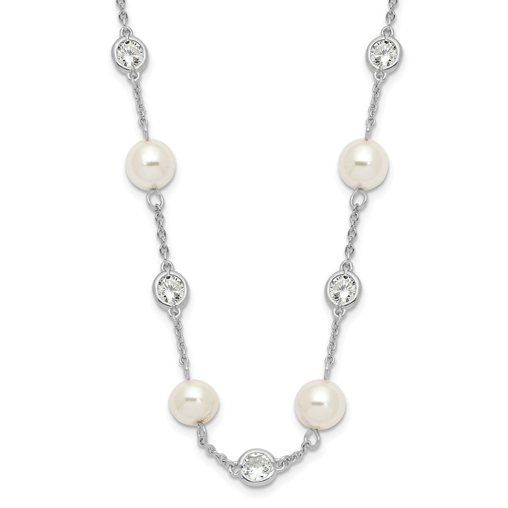 Sterling Silver Cheryl M Rhodium-Plated Glass Pearl And Brilliant-Cut Cz Bezel Station 36 Inch Necklace