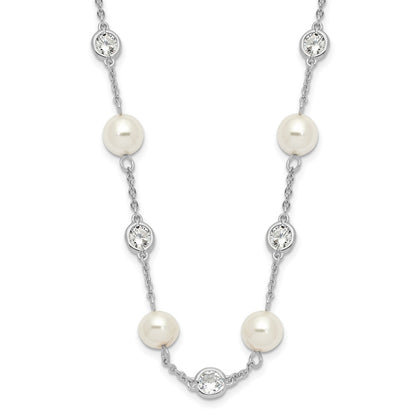 Sterling Silver Cheryl M Rhodium-Plated Glass Pearl And Brilliant-Cut Cz Bezel Station 36 Inch Necklace